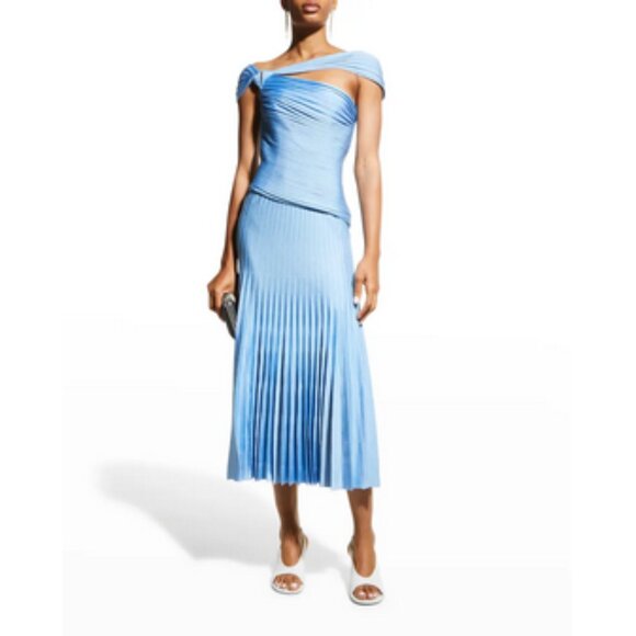 ST. JOHN One Sleeve Pleated Midi Dress in Baby Blue NWT - Picture 5 of 8